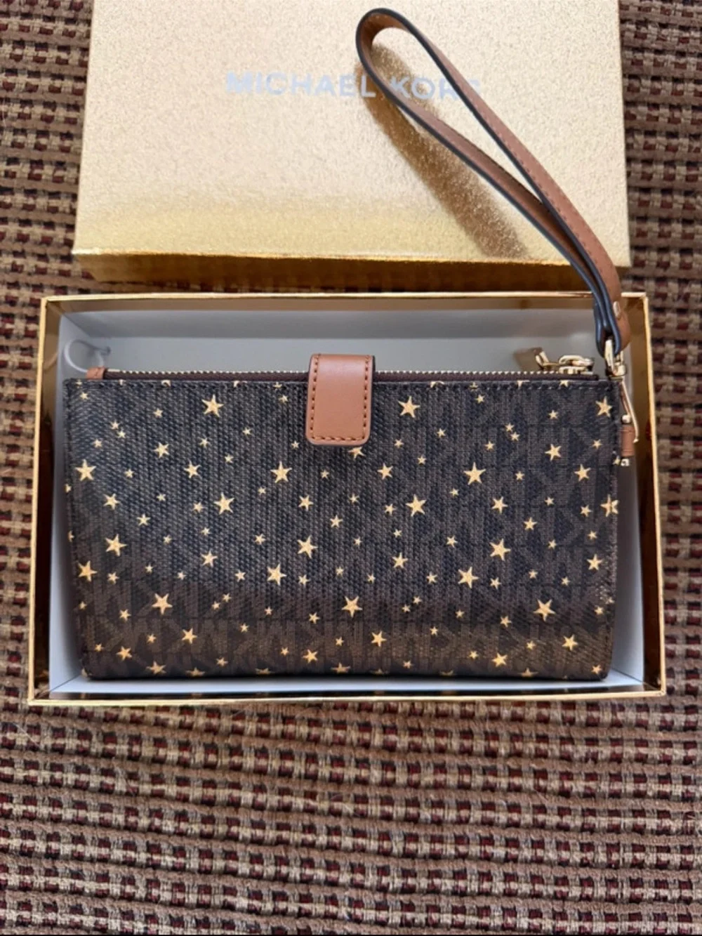 Michael Kors Brown Star Print Wristlet/Wallet with Gold Accents